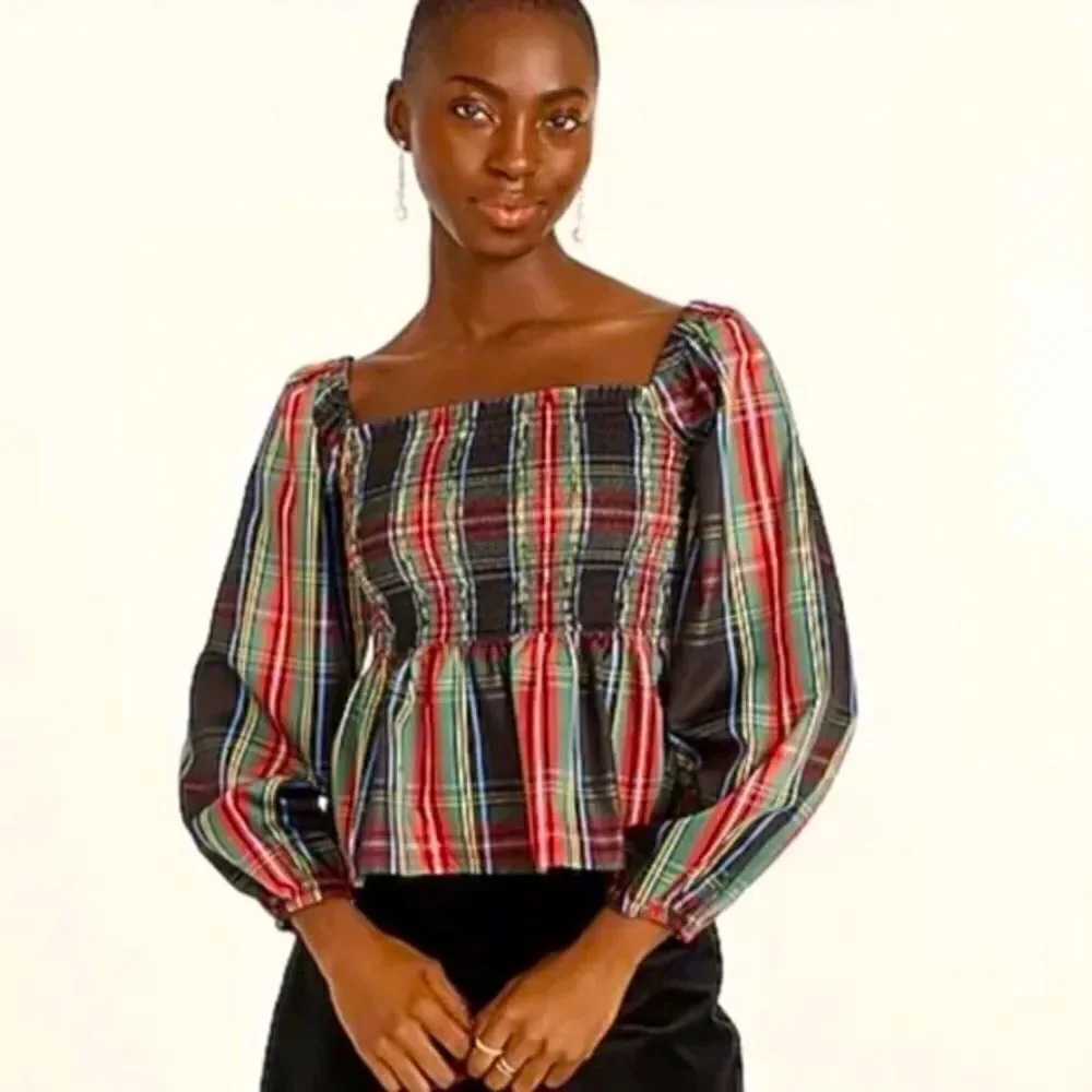 J Crew Puff-sleeve Smocked Top in Stewart Tartan NWT